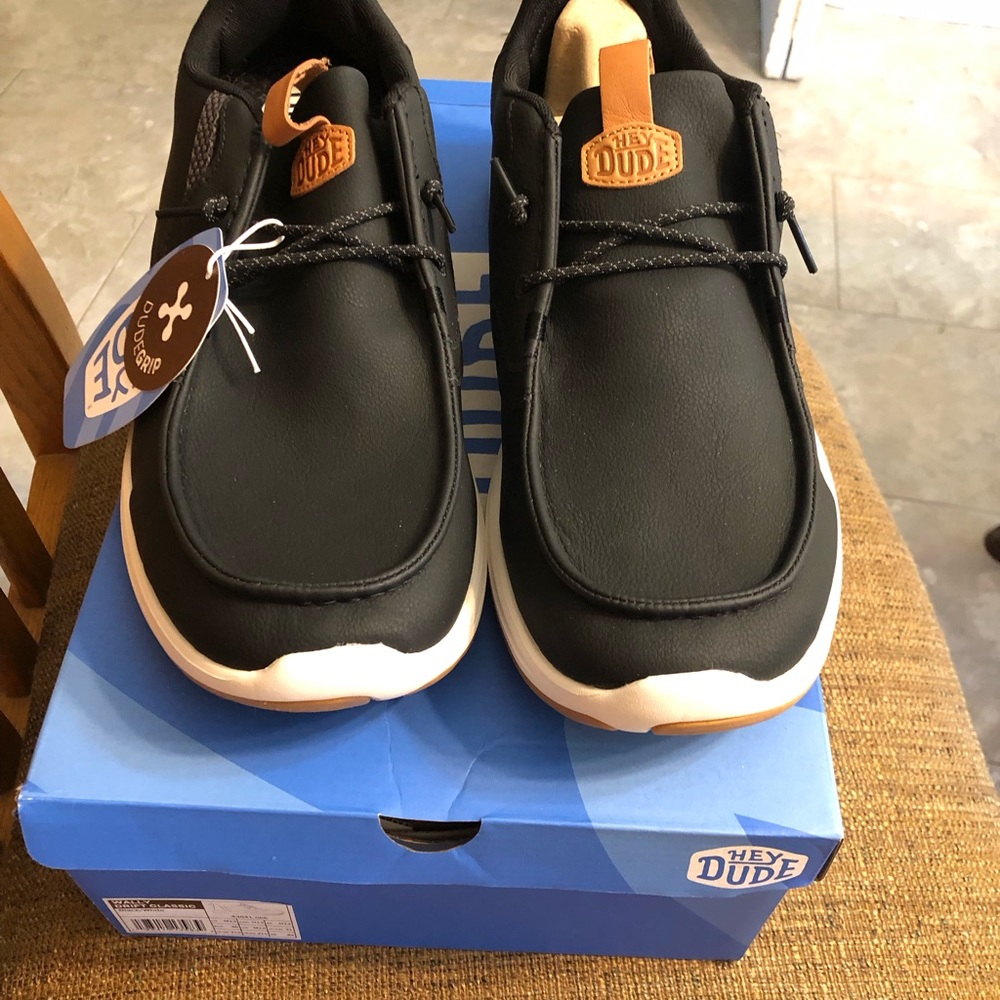 Hey Dude Men's Black Loafers with Tan Accents